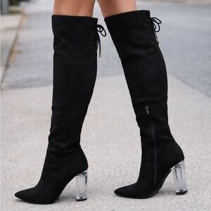 Black Thigh High Boots Pointed Toe Clear Heel / 10